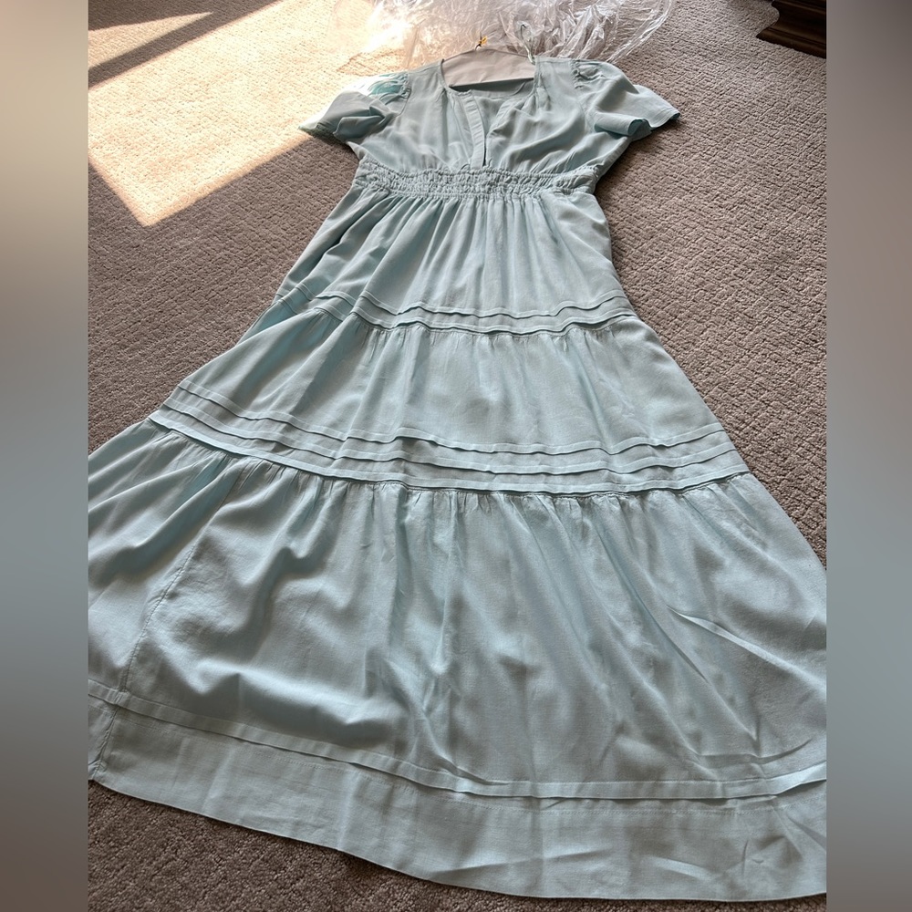 Anthropologie blue linen, large maxi dress, Somerset